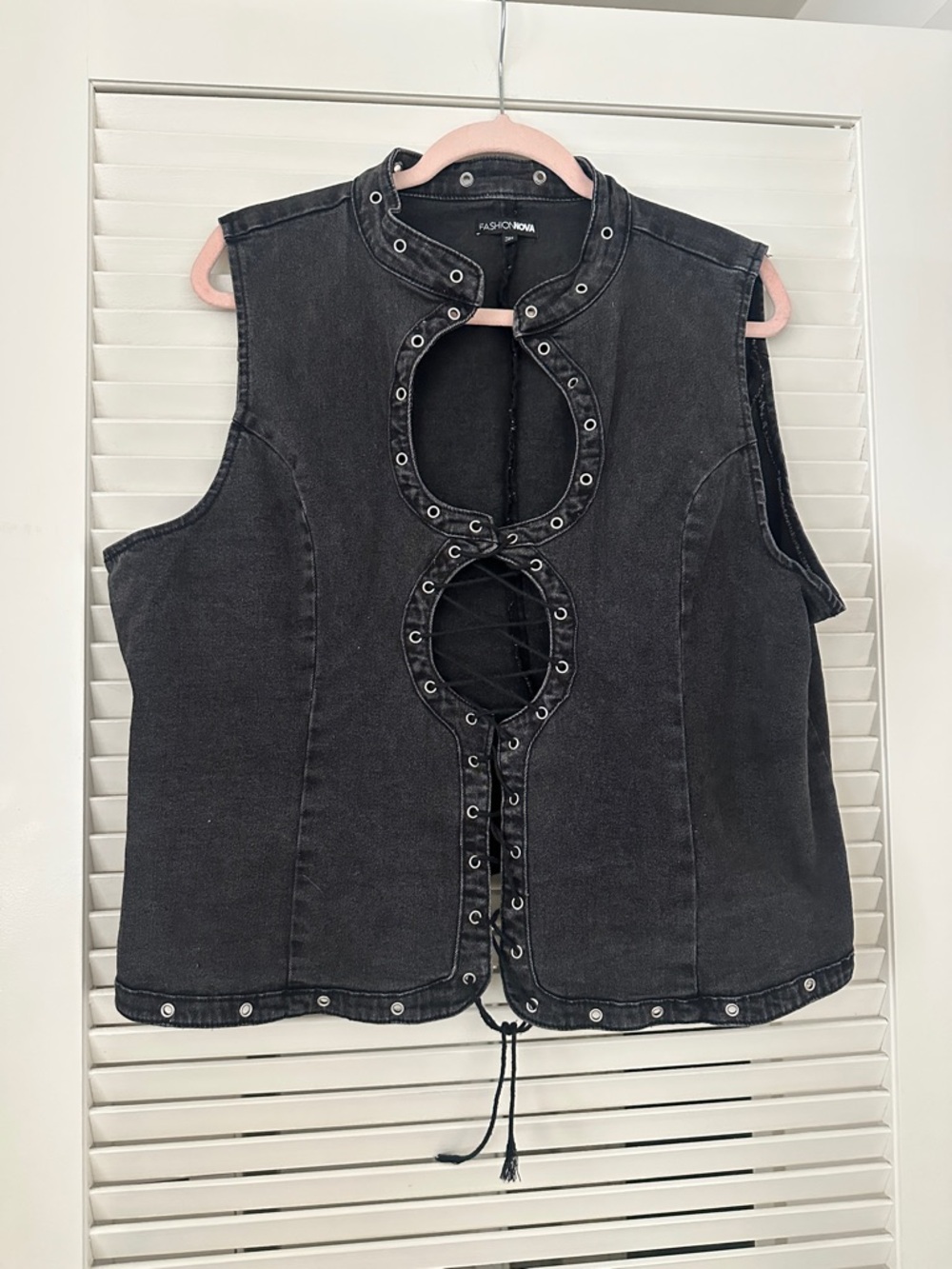Fashion Nova Washed Black Lace-Up Grommet Denim Vest